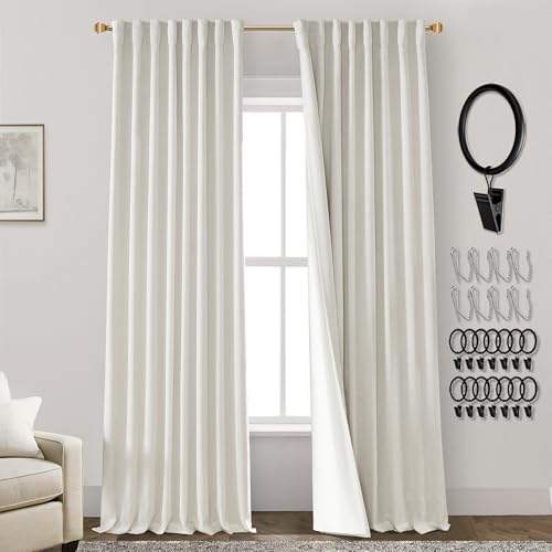 259 cm lange Vorhänge, 2-teiliges Set, plissiert, Leinen, verdunkelnd, wärmeisoliert, Verdunkelung, extralang, Vorhänge für Wohnzimmer, mit Hakenringen, 132,1 x 259,1 cm Länge, cremefarben / von PANELSBURG