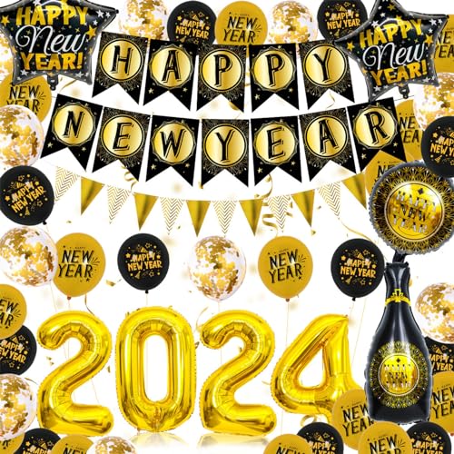 Neujahr Party Dekorationen 2024 Happy New Year Luftballons Set Festliche Party Aluminiumfolie Ballons Dekorationen Urlaub Party Zubehör von PANFHGFG