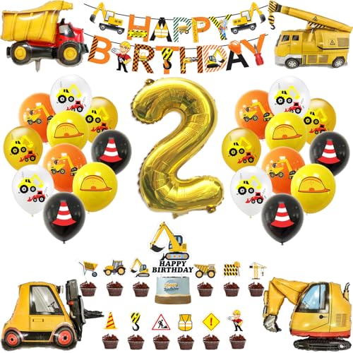 Bagger Deko Kindergeburtstag 2 Jahre, Party, Baustelle Luftballons, Happy Birthday Banner und Kuchen Deko Folienballon von PANMAY