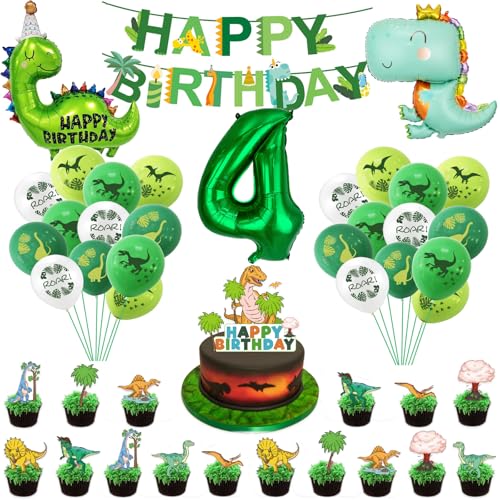 Dinosaurier Geburtstagsdeko für 4-Jährige Jungen - Grüne Luftballons, 3D Folien Dino Luftballon, Dschungel Geburtstag Banner, Kuchentopper Dinosaurier Geburtstagsdeko für 4-Jährige Jungen - Grüne Luftballons, 3D Folien Dino Luftballon, Dschungel Geburtstag Banner, Kuchentopper von PANMAY