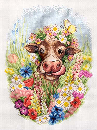 PANNA - Gezählter Kreuzstich-Bausatz - Stickerei - J-7217 - Vorsortierte Fäden - Sunny Die Kuh - Aida - 7.7 x 10 Inch - DIY von PANNA