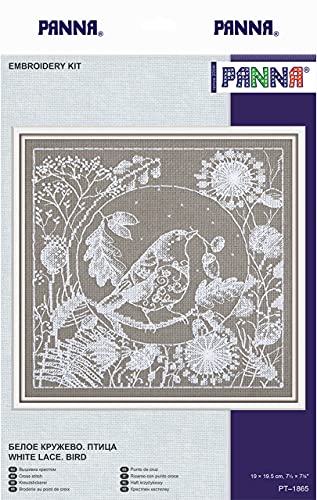 PANNA - Kreuzstich set - Weiße Spitze. Vogel - PT-1865 - Sticken erwachsene - Aida stoff - 19.5 x 19 cm - DIY set von PANNA