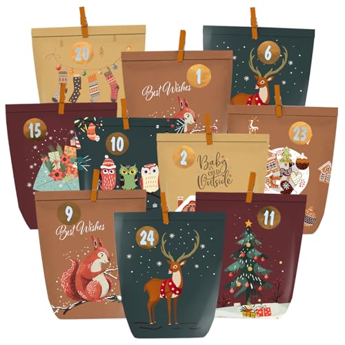 PANSIBY Adventskalender zum Befüllen, 24 Papiertüten zum Selber Basteln für Weihnachten, Papier Adventstüten mit Zahlenaufkleber zum Aufstellen PANSIBY Adventskalender zum Befüllen, 24 Papiertüten zum Selber Basteln für Weihnachten, Papier Adventstüten mit Zahlenaufkleber zum Aufstellen von PANSIBY