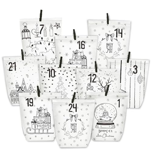 PANSIBY Adventskalender zum Befüllen, 24 Weihnachtskalender Geschenk Papiertüten Groß zum Selber Befüllen, Kraftpapiertüten Advents Tüten Selbstbefüllen mit Aufkleber für Kinder & Erwachsene von PANSIBY