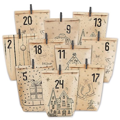 PANSIBY Adventskalender zum Befüllen, 24 Weihnachtskalender Geschenk Papiertüten Groß zum Selber Befüllen, Kraftpapiertüten Advents Tüten Selbstbefüllen mit Aufkleber für Kinder & Erwachsene von PANSIBY