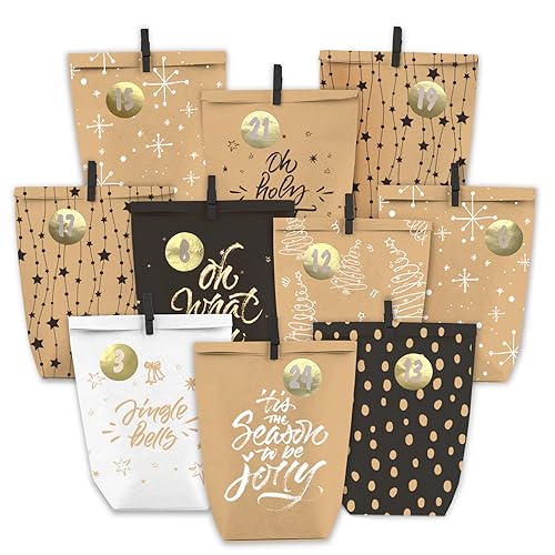 PANSIBY Adventskalender zum Befüllen, 24 Weihnachtskalender Geschenk Papiertüten Groß zum Selber Befüllen, Kraftpapiertüten Advents Tüten Selbstbefüllen mit Aufkleber für Kinder & Erwachsene von PANSIBY