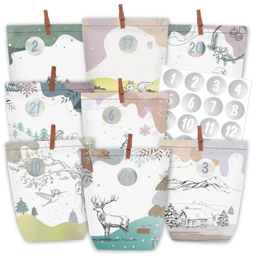 PANSIBY Adventskalender zum Befüllen, 24 Weihnachtskalender Papiertüten zum Selbst Basteln, Weihnachtstüten mit 1-24 Zahlensticker zum Selber Füllen von PANSIBY