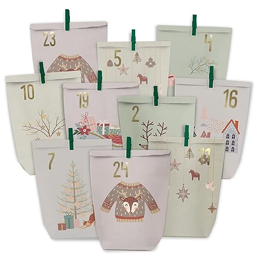 PANSIBY Adventskalender zum Befüllen, 24 Weihnachtskalender Papiertüten zum Selbstbefüllen, Geschenk Kraftpapiertüten Advents Tüten Selber Befüllen für Kinder Erwachsene von PANSIBY