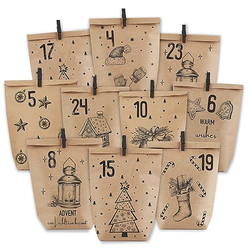 PANSIBY Adventskalender zum Befüllen, 24 Weihnachtskalender Papiertüten zum Selbstbefüllen, Geschenk Kraftpapiertüten Advents Tüten Selber Befüllen für Kinder Erwachsene von PANSIBY