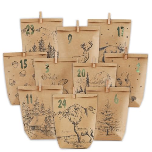 PANSIBY Adventskalender zum Befüllen, 24 Weihnachtskalender Papiertüten zum Selbstbefüllen, Geschenk Kraftpapiertüten Advents Tüten Selber Befüllen für Kinder Erwachsene von PANSIBY
