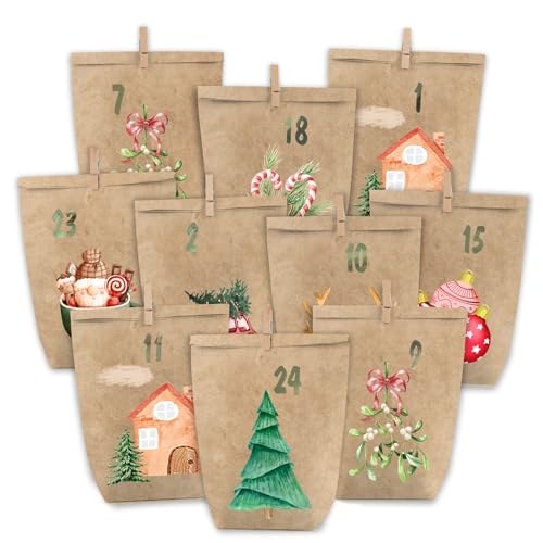 PANSIBY Adventskalender zum Befüllen, 24 Weihnachtskalender Papiertüten zum Selbstbefüllen, Geschenk Kraftpapiertüten Advents Tüten in Aquarell Selber Befüllen von PANSIBY