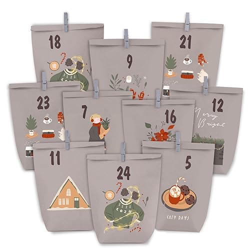 PANSIBY Adventskalender zum Befüllen, 24 Weihnachtskalender Papiertüten zum Selbstbefüllen, Kraftpapiertüten Grau Lila Advents Tüten Selber Befüllen von PANSIBY