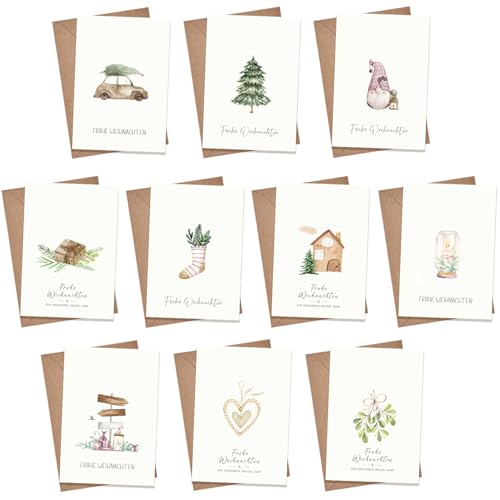 PANSIBY Weihnachtskarten mit Umschlag (20 Stück), Klappkarten & Umschlägen, Kraftpapier karten Postkarten für Weihnachten, Grußkarte Set und Briefumschlag von PANSIBY