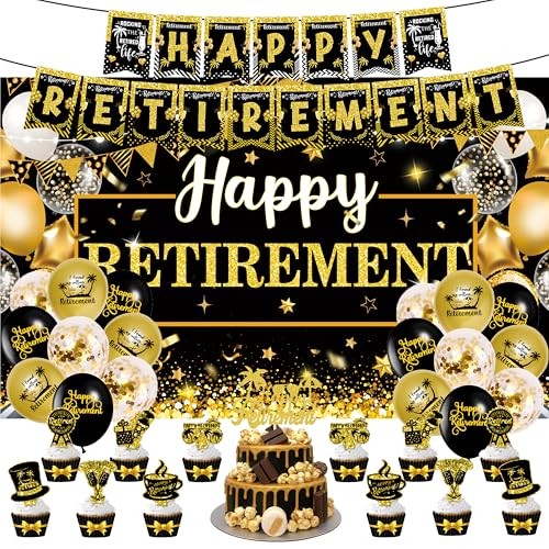 PANTIDE 33 Stück schwarz-goldene Party-Dekorationen mit Aufschrift "Happy Retirement", Banner, Hintergrund, Schärpe, Glitzer-Wimpelkette, Flagge, 18 Luftballons, 13 Kuchenaufsätze, Abschied, Ruhestand PANTIDE 33 Stück schwarz-goldene Party-Dekorationen mit Aufschrift "Happy Retirement", Banner, Hintergrund, Schärpe, Glitzer-Wimpelkette, Flagge, 18 Luftballons, 13 Kuchenaufsätze, Abschied, Ruhestand von PANTIDE