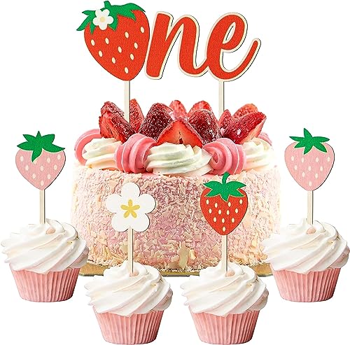 PANTIDE 5Stück Erdbeere Hölzernes EINE Tortenaufleger Erdbeere Gänseblümchen Cupcake Topper Dessert Dekorationen für Kinder ein Jahr alt ersten Geburtstag Baby-Dusche Party Gunst liefert von PANTIDE