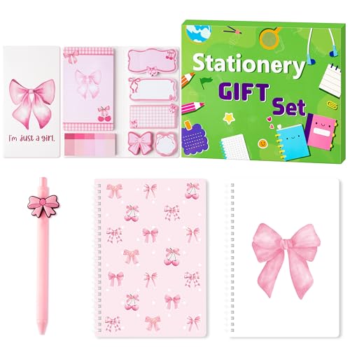 PANTIDE Coquette Haftnotizen mit rosa Schleife, A5, Schreibwaren-Geschenk-Set – adrette, niedliche selbstklebende Notizblöcke, Spiralnotizbücher, Gel-Kugelschreiber, Schule, Bürobedarf von PANTIDE