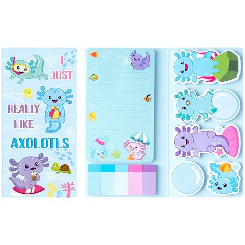 PANTIDE I Just Really Like Axolotl Sticky Notes Set, Animal Mexican Walking Fish Shaped Self-Stick Notes Pads Writing Memo Pad Page Marker Bookmarks Back to School Office Supplies Party Favors (Blue) von PANTIDE