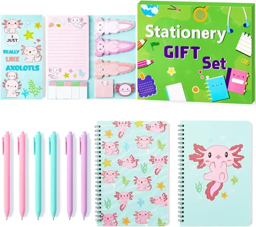 PANTIDE Niedlich Axolotl Klebrige Notizen A5 Notizbücher Stift Schreibwaren Satz für Kinder Karikatur Axolotl Notizblöcke Notizbuch mit Spirale Kugelschreiber Schule Belohnung Geburtstag Geschenk Box von PANTIDE