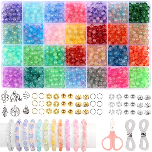 PAPAcroscoma Glasperlen für Armbänder:1400 Stück Glasperlen Set für Armbänder DIY Schmuckperlen 6mm Bastelperlen mit Charm Anhänger und Elastischem Faden Perlen Set für Kinder und Erwachsene von PAPAcroscoma