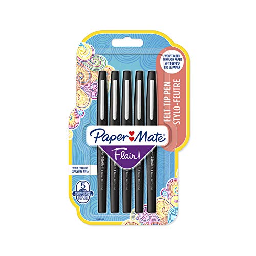 Flair Original Filzstifte, mittelgroße Spitze, Schwarz, 5 Stück von PAPER MATE