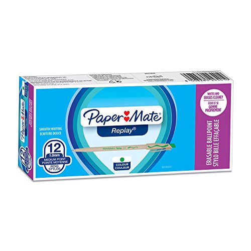 Löschbarer Paper Mate Replay Kugelschreiber, mittlere Schreibspitze (1,0 mm), grün, 12er-Box von Paper Mate