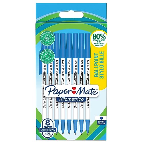 PAPER MATE Kilometrico Kugelschreiber | lange Schreibdauer mit mittlerer Spitze (1,0 mm) | blaue Tinte | 80% recyceltes Plastik | 8 Stück von PAPER MATE