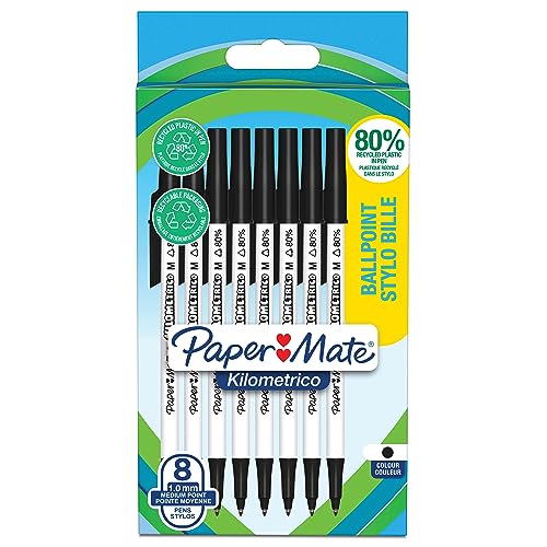 PAPER MATE Kilometrico Kugelschreiber | lange Schreibdauer mit mittlerer Spitze (1,0 mm) | schwarze Tinte | 80% recyceltes Plastik | 8 Stück von PAPER MATE