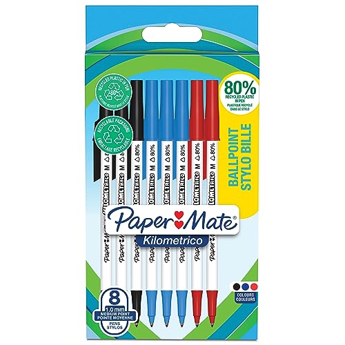 PAPER MATE Kilometrico Kugelschreiber | lange Schreibdauer mit mittlerer Spitze (1,0 mm) | schwarze, blaue und rote Tinte | 80% recyceltes Plastik | 8 Stück von PAPER MATE
