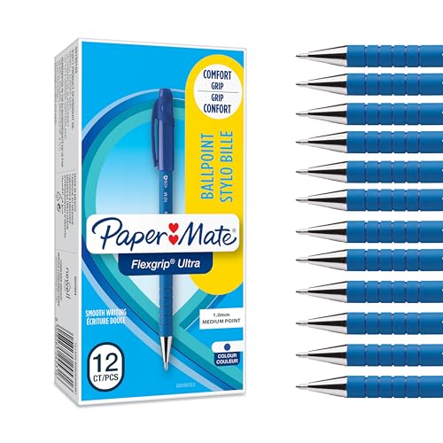 Paper Mate Flexgrip Ultra-Kugelschreiber mit Kappe | mittlere Spitze (1,0 mm) | blau stifte set | Schulsachen und bürobedarf | 12er-Box von Paper Mate