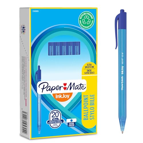 PAPER MATE InkJoy 100RT Retractable Kugelschreiber | mittlere Spitze (1,0 mm) | Blau | 20 Stück von PAPER MATE