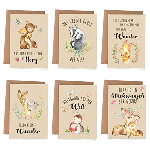 Papierdrachen Glückwunschkarten zur Geburt | 6 verspielte Grußkarten als Klappkarte inklusive Umschlag zur Geburt des Babys - Stilvolles Design - Motiv Waldtiere von Papierdrachen