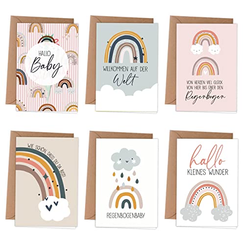 Papierdrachen Glückwunschkarten zur Geburt | 6 verspielte Grußkarten als Klappkarte inklusive Umschlag zur Geburt des Babys - Stilvolles Design - Motiv Regenbogen von Papierdrachen