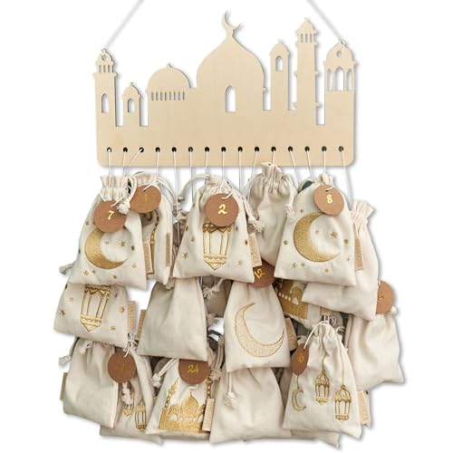 Papierdrachen DIY Ramadankalender zum Befüllen - für Kinder und Erwachsene - 15 bestickte und 15 unbestickte Baumwollsäckchen mit Zahlen, Aufhängung und Schnur - natur gold - wiederverwendbar - Set 9 von Papierdrachen