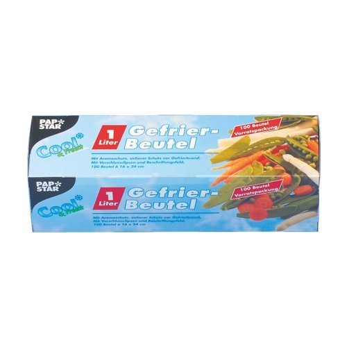 PAPSTAR Gefrierbeutel, 1 l, 24 cm x 16 cm, transparent, 100 Stück, Wegwerfbar, Einfach (Einlagig), LLDPE, Clip, klar von PAPSTAR