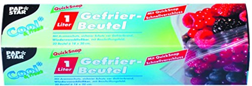 PAPSTAR Gefrierbeutel QuickSnap, Faltschachtel, LLDPE, 0,045 mm, 1 l, 18 x 20 cm, farblos, transparent (20 Stück), Sie erhalten 1 Packung á 20 Stück von PAPSTAR