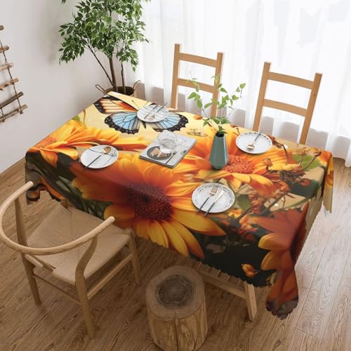 PAQOLSMCKR Tischdecke, rechteckig, 137 x 182 cm, niedliche Sonnenblume und Schmetterlinge, wasserdicht, auslaufsicher, knitterfrei, dekorative Tischdecke für Küche, Camping von PAQOLSMCKR