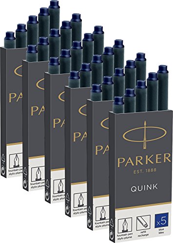 PARKER 6x 1950384 Quink Nachfüllpatronen für Füllfederhalter, lange Patronen, 6x 5er Packung, blaue tinte (= 30 Patronen) von PARKER