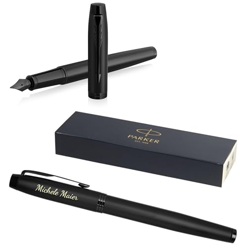 PARKER IM Achromatic Füllfederhalter mit Gravur | Premium Stift | Geschenkbox | blaue Pantrone | edel | personalisiertes Geschenk | Namen | graviert | Jahrestag | Geburtstag (Matt-Schwarz) von PARKER