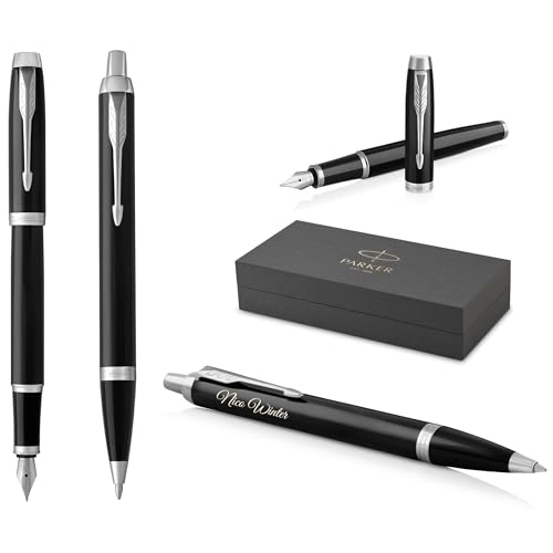 PARKER IM Core Füllfederhalter und Kugelschreiber mit Gravur | Premium Stift | Geschenkbox | schwarze Mine | personalisiertes Geschenk | Namen | graviert | Geburtstag (Black Lacquer C.C.) von PARKER