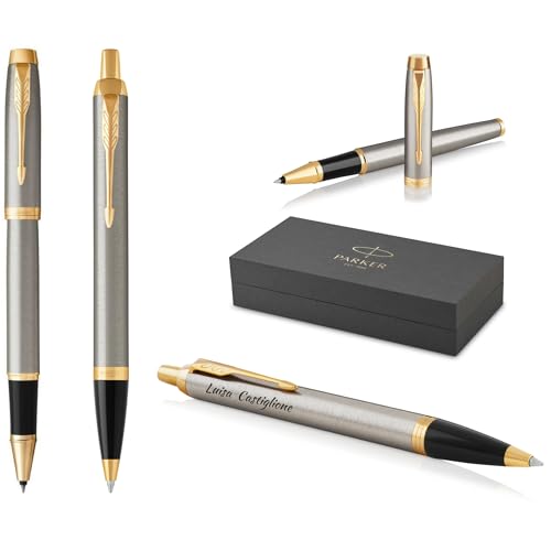 PARKER IM Core Rollerball und Kugelschreiber mit Gravur | Premium Stift | Geschenkbox | schwarze Mine | personalisiertes Geschenk | Namen | graviert | Geburtstag (Brushed Metal G.C.) von PARKER