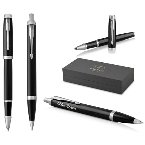 PARKER IM Core Rollerball und Kugelschreiber mit Gravur | Premium Stift | Geschenkbox | schwarze Mine | personalisiertes Geschenk | Namen | graviert | Geburtstag (Black Lacquer C.C.) von PARKER