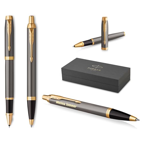 PARKER IM Core Tintenroller und Kugelschreiber mit Gravur | Premium Stift | Geschenkbox | schwarze Mine | personalisiertes Geschenk | Namen | graviert | Jahrestag | Geburtstag (Grey G.T.) von PARKER