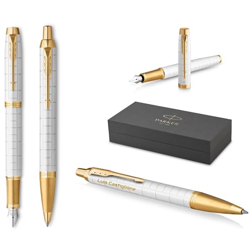 PARKER IM Premium Füllfederhalter und Kugelschreiber mit Gravur | Premium Stift | Geschenkbox | blaue Tinte | personalisiertes Geschenk | Jahrestag | Geburtstag (Pearl G.C.) von PARKER