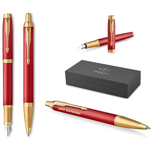 PARKER IM Premium Füllfederhalter und Kugelschreiber mit Gravur | Premium Stift | Geschenkbox | blaue Tinte | personalisiertes Geschenk | Jahrestag | Geburtstag (Red G.C.) von PARKER