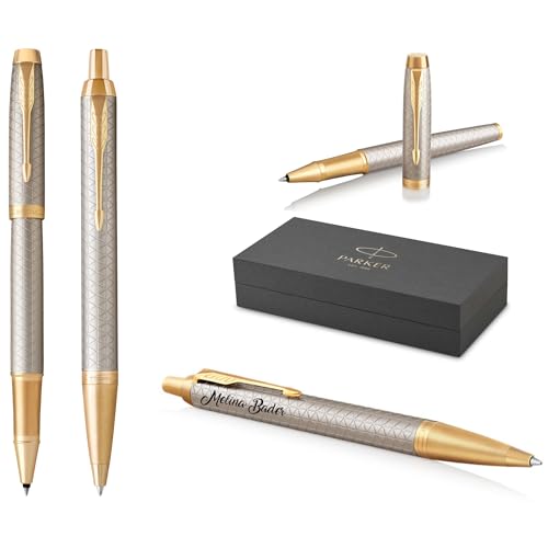 PARKER IM Premium Tintenroller und Kugelschreiber mit Gravur | Premium Stift | Geschenkbox | personalisiertes Geschenk | Jahrestag | Geburtstag (Warm Silver G.C.) von PARKER