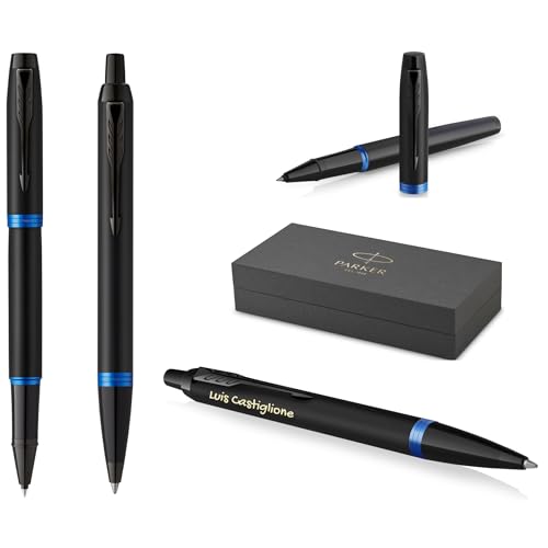 PARKER IM Professionals Vibrant Rings Set Tintenroller und Kugelschreiber mit Gravur | Premium Stift | Geschenkbox | personalisiertes Geschenk | Namen | graviert | Geburtstag (Blue PVD) von PARKER