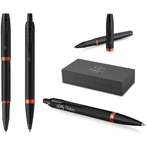 PARKER IM Professionals Vibrant Rings Set Tintenroller und Kugelschreiber mit Gravur | Premium Stift | Geschenkbox | personalisiertes Geschenk | Namen | graviert | Geburtstag (Orange PVD) von PARKER