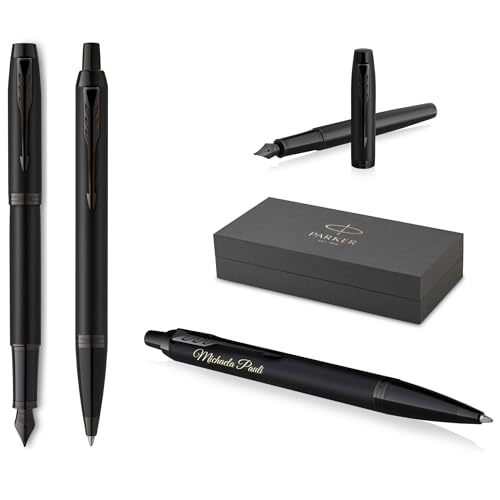 PARKER Schreibset IM Professionals Achromatic Kugelschreiber und Füllfederhalter mit Gravur | Premium Stift | Geschenkbox | blaue Pantrone | personalisiert | Geburtstag (Matt-Schwarz) von PARKER