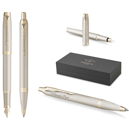 PARKER Schreibset IM Professionals Monochrome Kugelschreiber und Füllfederhalter mit Gravur | Premium Stift | Geschenkbox | blaue Pantrone | personalisiert | Geburtstag (Champagne) von PARKER