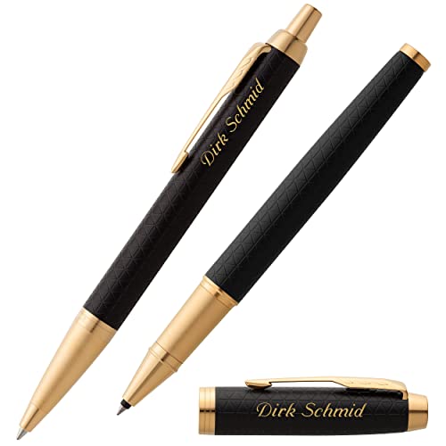 PARKER Schreibset Im Premium Black/Gold G.C. mit Namen farbig personalisiert Tintenroller und Kugelschreiber von PARKER